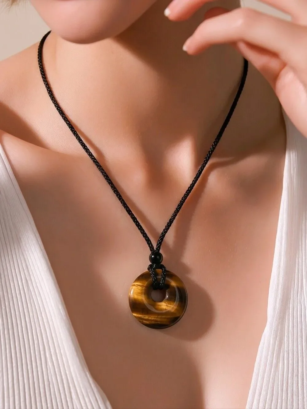 Golden Tiger Eye Donut Pendant Necklace Earthy Boho Pi Stone Jewelry Crystals